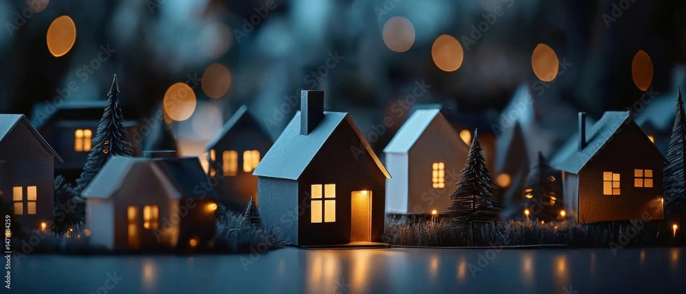 Poster close-up of a miniature model of a small town at night. the town is made up of multiple small houses