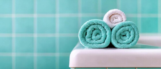 Two rolled up towels on a white countertop against a turquoise tiled wall. the towels are neatly folded and appear to be made of a soft, textured fabric.