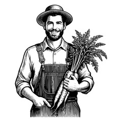 Obraz premium happy farmer holding carrot engraving black and white outline. Scratch board imitation.