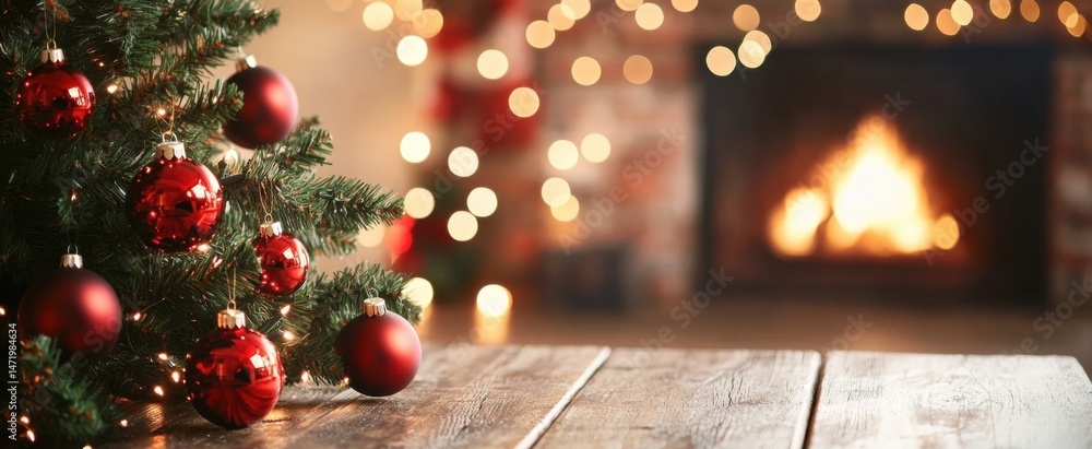 Poster a rustic wooden table sits in front of a cozy christmas scene, featuring a decorated fir tree with r