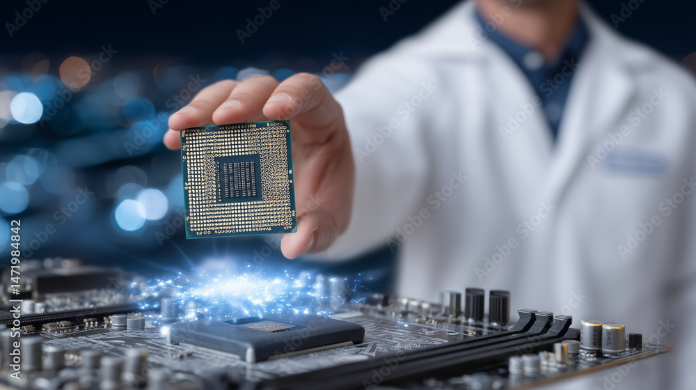 Poster technicianâs hand with an anti-static wrist strap holding a processor chip mid-air, ready to drop 