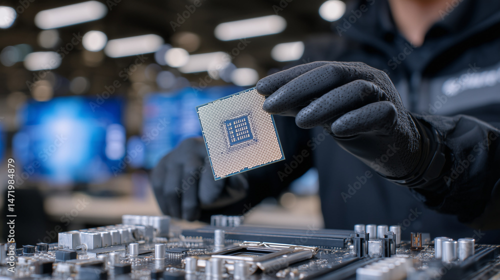 Poster technicianâs hand with an anti-static wrist strap holding a processor chip mid-air, ready to drop 