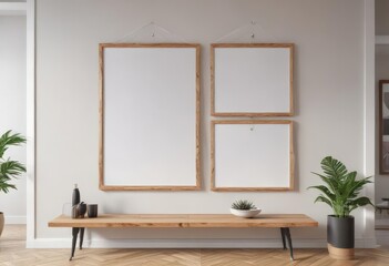 Stylish poster display, wooden clips, bright room,  home decor,  simple
