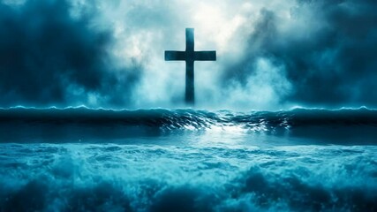 Religious Cross rising from stormy ocean waves under dramatic sky. Spiritual, abstract scene for faith, hope, worship, media, overcoming challenges.