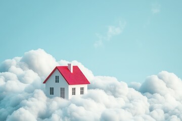 Minimalist house floating in clouds insurance concept