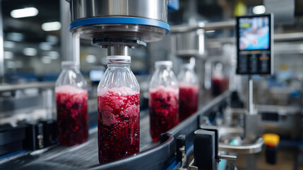 Side view of a juice production line, vibrant raspberry-colored liquid filling rows of bottles as quality control sensors monitor each step