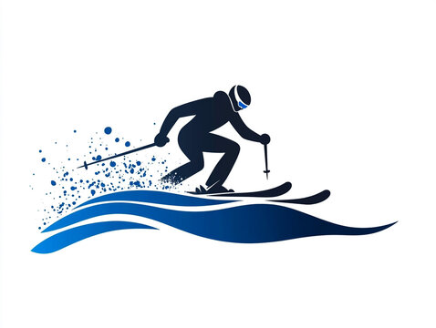 blue skier silhouette skiing down stylized wave clip art preview
