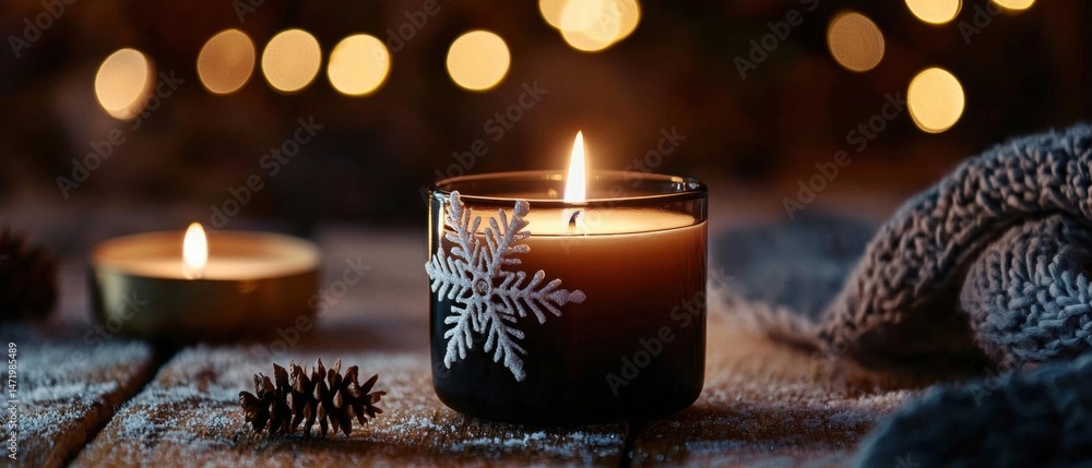 Poster close-up of a candle in a glass jar with a snowflake design on it. the candle is lit and the flame i