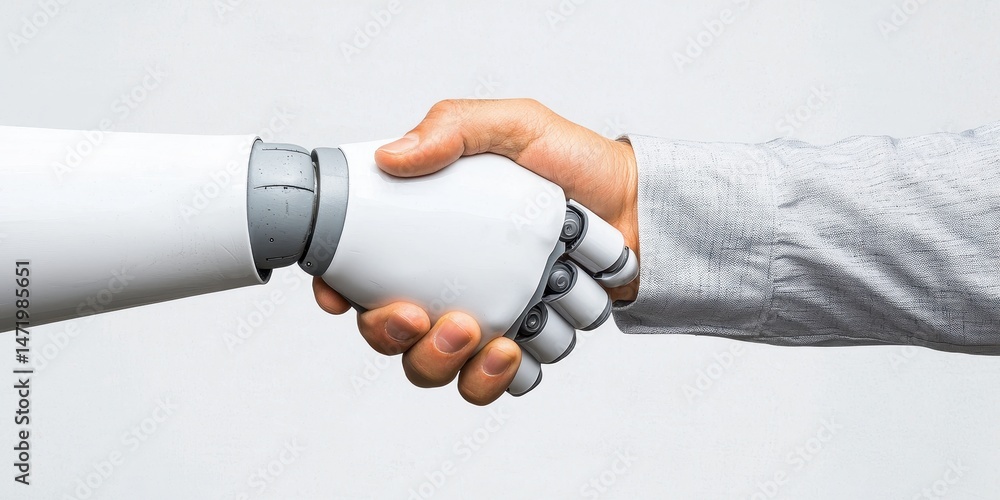 Poster a human and a robot shaking hands, symbolizing collaboration between people and artificial intellige