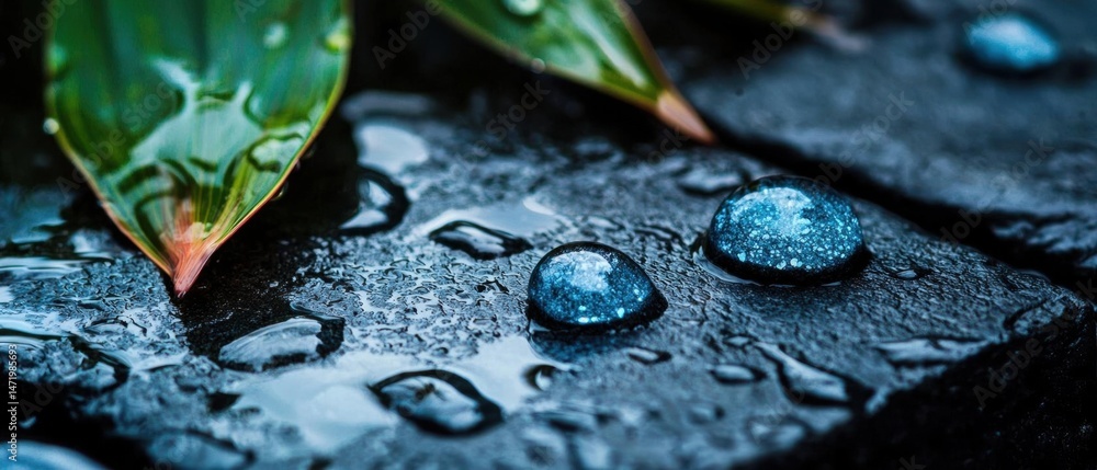 Poster close-up of three small blue water droplets on a black surface. the droplets are glistening in the l