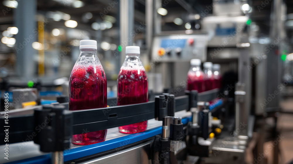 Poster strawberry and raspberry juice bottles emerge from the filling chamber, neatly aligned in perfect ro