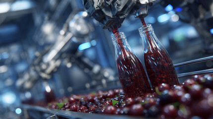 Healthy fruit juice production captured mid-process, berry essence pouring into bottles as sensors and robotic arms coordinate seamlessly