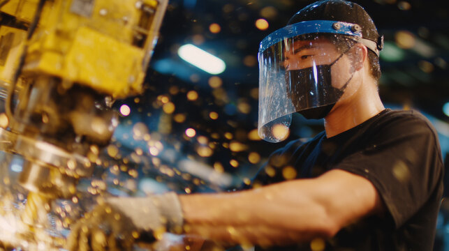 Side profile of industrial worker in gloves and face shield operating a grinding machine, sharpening heavy-duty drill bit under harsh lighting - Powered by Adobe