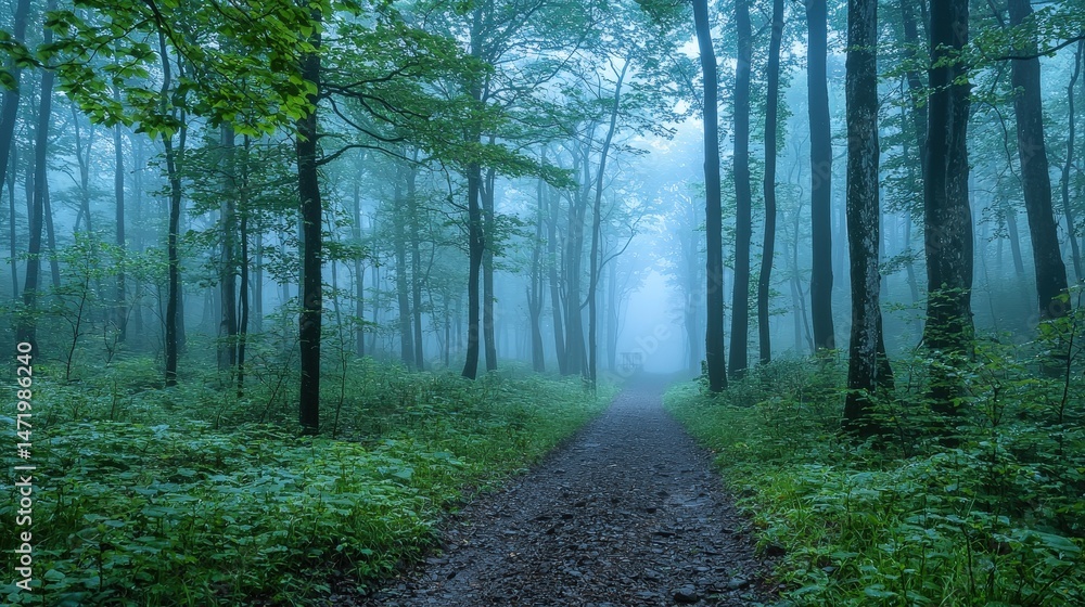 Poster misty forest path winding through verdant trees.