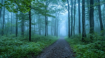 Obraz premium Misty forest path winding through verdant trees.