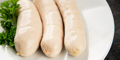 White sausage meat dish fresh bratwurst sausage dish fresh delicious gourmet food background on the...