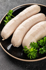 White sausage meat dish fresh bratwurst sausage dish fresh delicious gourmet food background on the...
