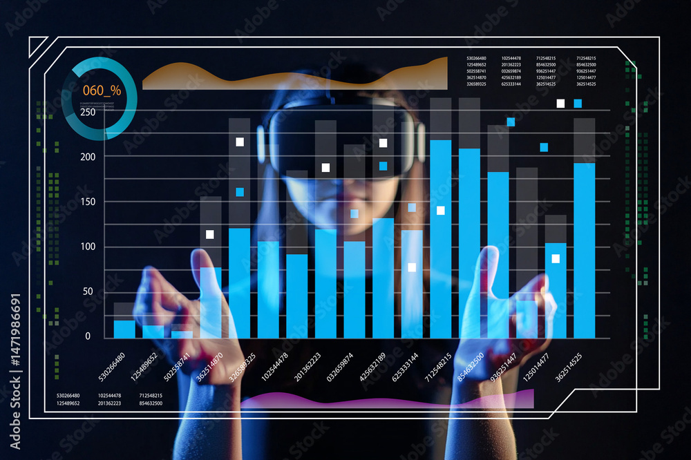 Poster young woman using virtual reality headset while interacting with holographic data analytics display 
