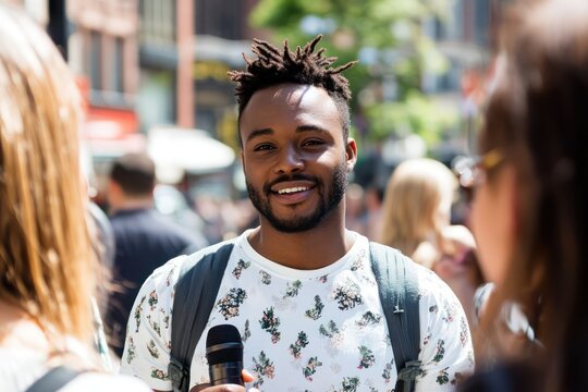 Young man interviews public on sunny city street