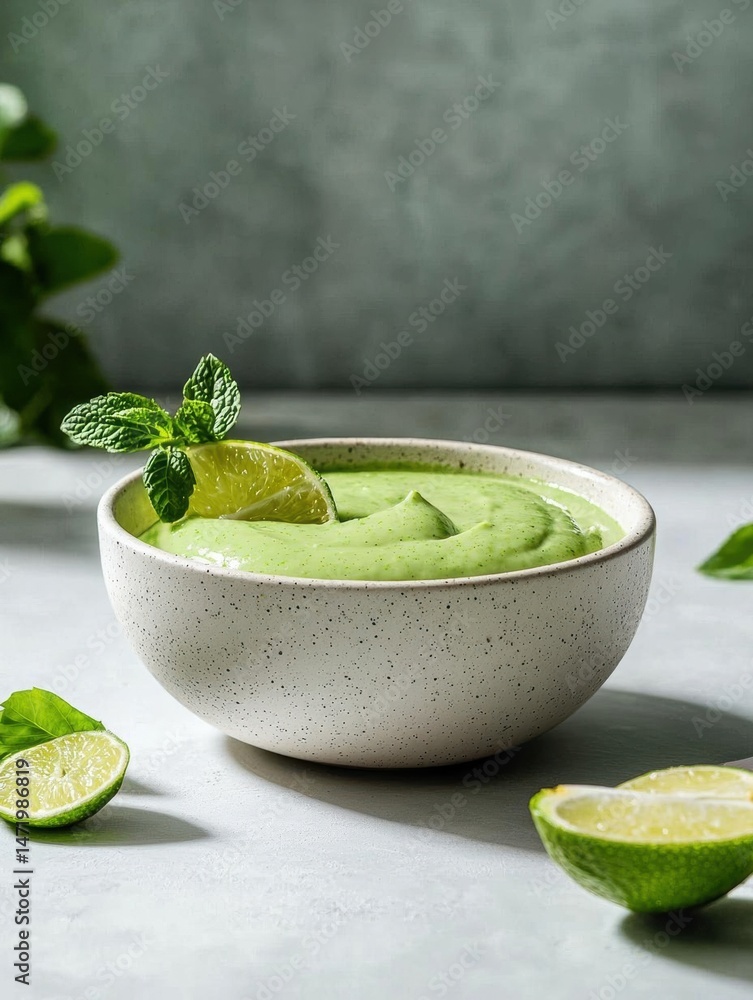 Poster close-up of a bowl of green smoothie. the bowl is white with small speckles and has a speckled textu