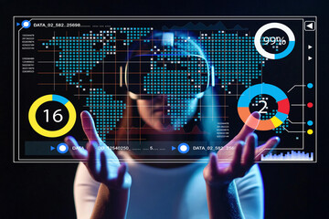 Digital Interface Interaction with Data Visualization, Virtual Reality User Engaged in Data Analysis, Global Map Representation, High-Tech Environment