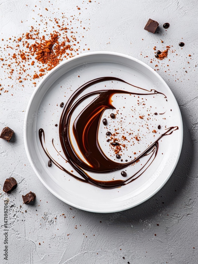 Poster top view of a white plate with a swirl of chocolate sauce on it. the chocolate sauce is in the shape