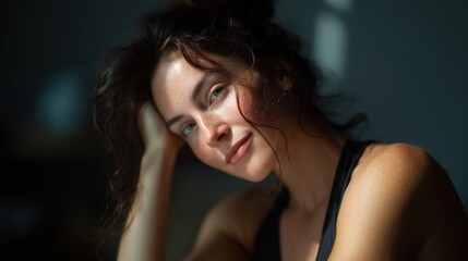 Natural portrait of a smiling woman with relaxed expression and soft light on face perfect for International Yoga Day lifestyle visuals, self-care themes and holistic wellness branding