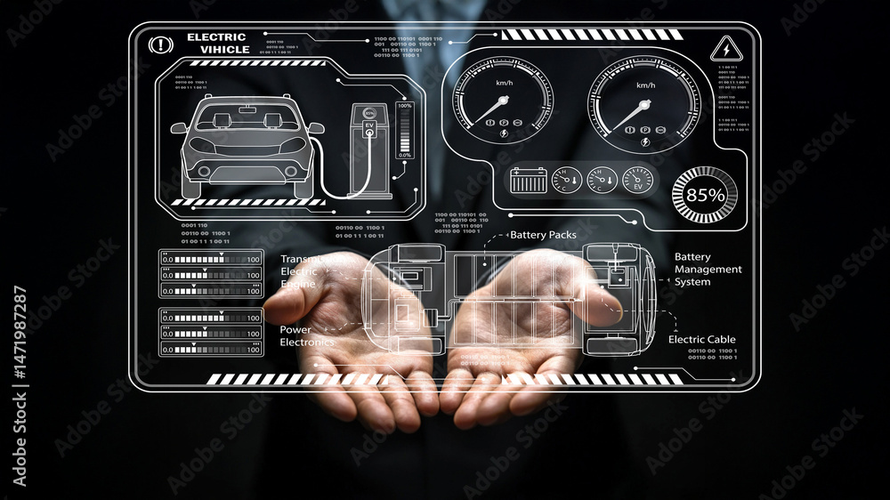 Poster futuristic interface for electric vehicle technology with data and analytics overlaid on hands of bu