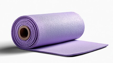Rolled purple yoga mat isolated on white background symbolizing wellness equipment and preparation perfect for International Yoga Day visuals, fitness branding and meditation products