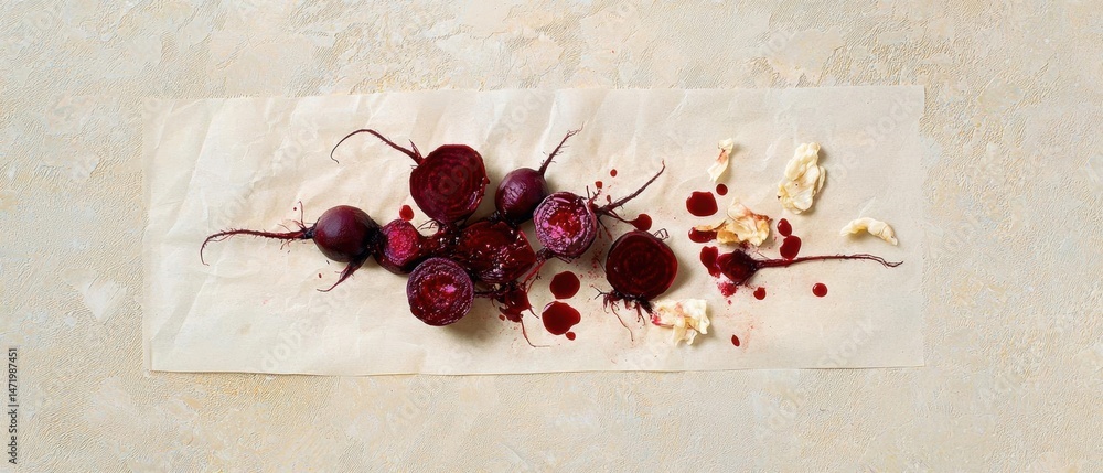 Poster group of sliced beets on a piece of parchment paper. the beets are dark red in color and have a glos