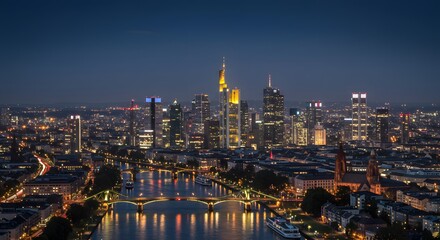 Obraz premium City Skyline at Night with River and Lit Buildings