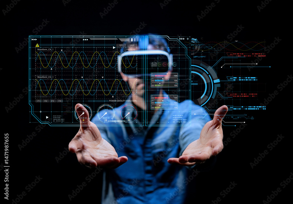 Poster person using virtual reality headset with interactive digital display in a dark room for immersive t