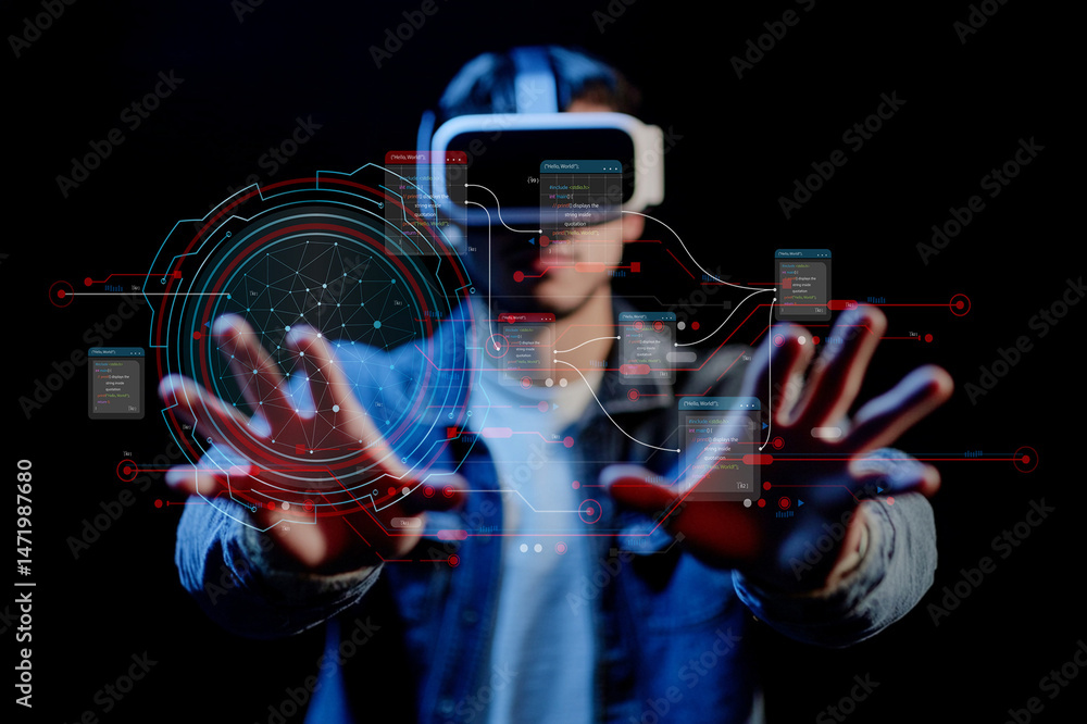 Poster young man experiencing virtual reality with advanced technology, immersive digital interface, intera