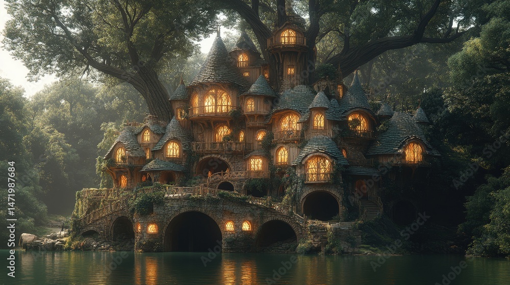 Poster enchanting, illuminated treehouse nestled in a tranquil forest.