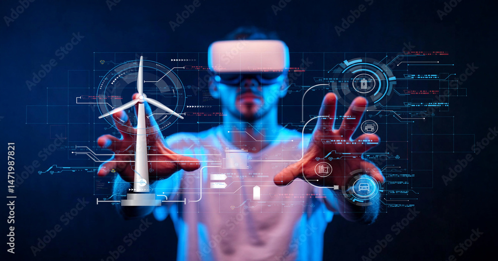 Poster man using virtual reality headset while interacting with digital wind turbine interface in a futuris