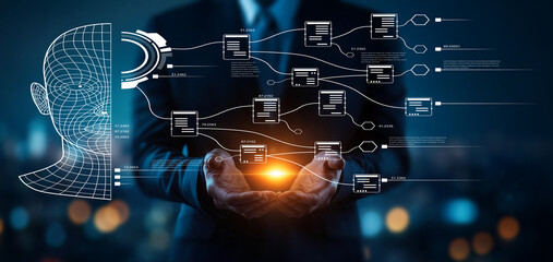 Futuristic Businessman Interacting with Digital Data Visualization and AI Technology in a Modern Urban Environment