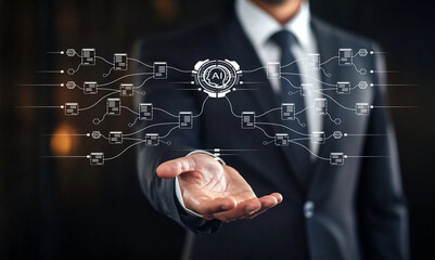 Business professional presenting digital network connection representing artificial intelligence technology in a modern corporate environment