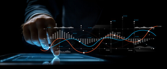 Professional Hands Engaging with Digital Interface, Analyzing Data Visualizations and Financial Charts in Dark Environment for Business Insights