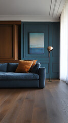 Modern Living Room Interior Design  Blue Sofa  Wood Floor  Teal Walls
