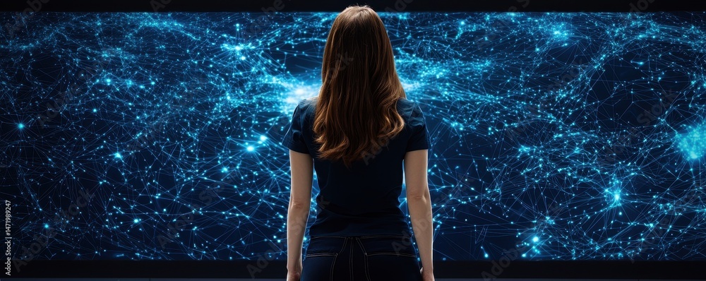 Aufkleber A woman stands before a large digital screen displaying a complex network of glowing blue connections and data points.