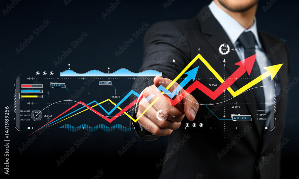 Poster businessman in suit interacting with digital financial graphs and charts displaying growth and marke
