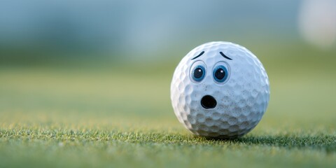 Golf ball with an astonished expression on a grassy field.