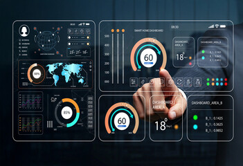 Smart Home Control Dashboard with Touchscreen Interface, Data Visualization, World Map, and Performance Metrics for Modern Digital Management Aspirations