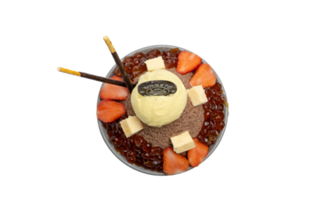 A colorful bingsu dessert with a scoop of ice cream, topped with fruit and other sweet toppings, and served in a bowl.