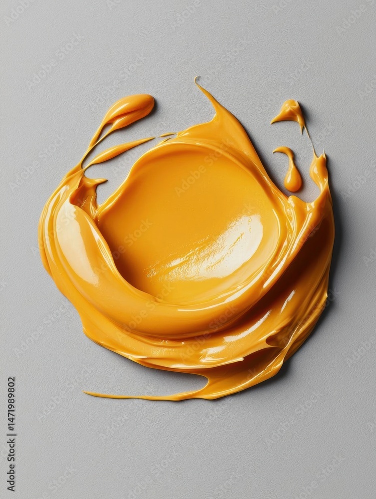 Poster close-up of a splash of orange-colored liquid on a gray background. the liquid appears to be in the 