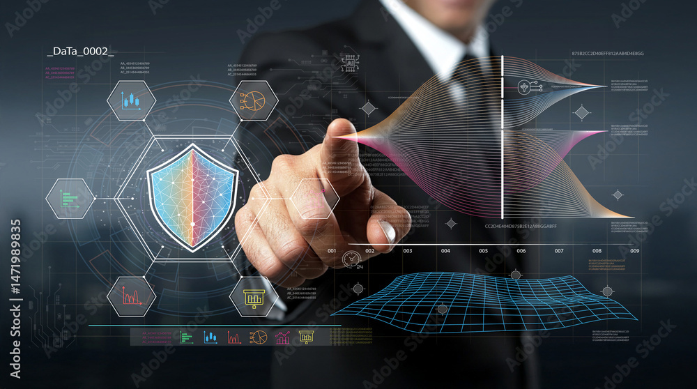 Poster business professional interacting with digital data visualizations and security graphics in modern o