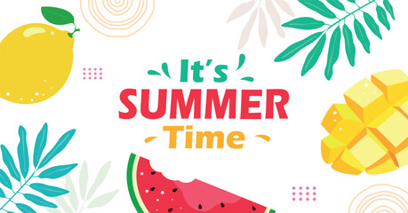 Bright summer-themed vector design featuring watermelon, mango, lemon, and tropical leaves with bold “It’s Summer Time” text. Perfect for seasonal promotions and social media.