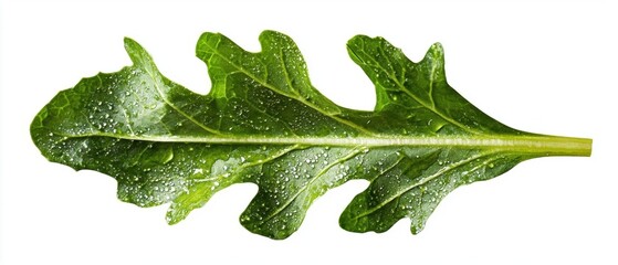 Close-up of a single green leaf with water droplets on it. the leaf appears to be fresh and healthy, with a long, slender stem that curves downwards towards the bottom right corner of the image.
