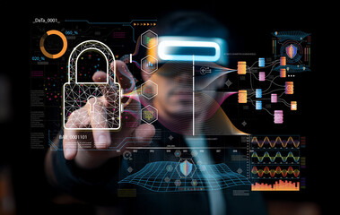 Futuristic Security and Data Protection Concept Featuring a Person Interacting with Digital Interface and Virtual Reality Elements