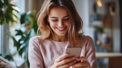 Young woman browsing an online store through her smartphone with a smile on her face The background should be isolated focusing on the modern shopping experience